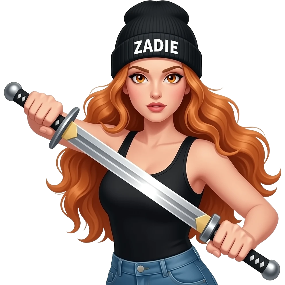 sexy girl with overlong wavy ginger hair and ginger eyes wearing a black tanktop and a black beanie with ZADIE written on it, is attacking with a sword emoji