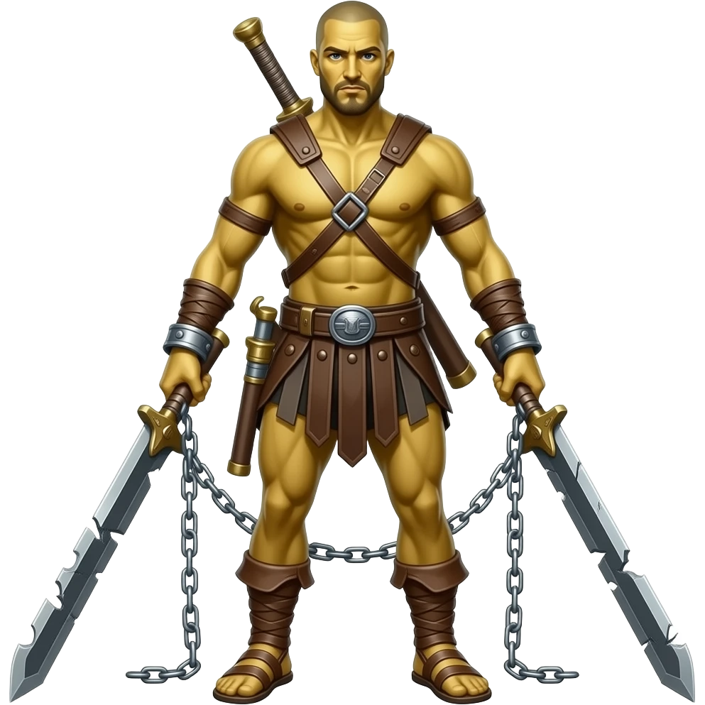 spartacus, minimal, full body, yellow skin, tipical emoji caracter style, more emojis style, more minimal, with weapons, more simplistic, emoji style, shackles on wrist with broken chains emoji