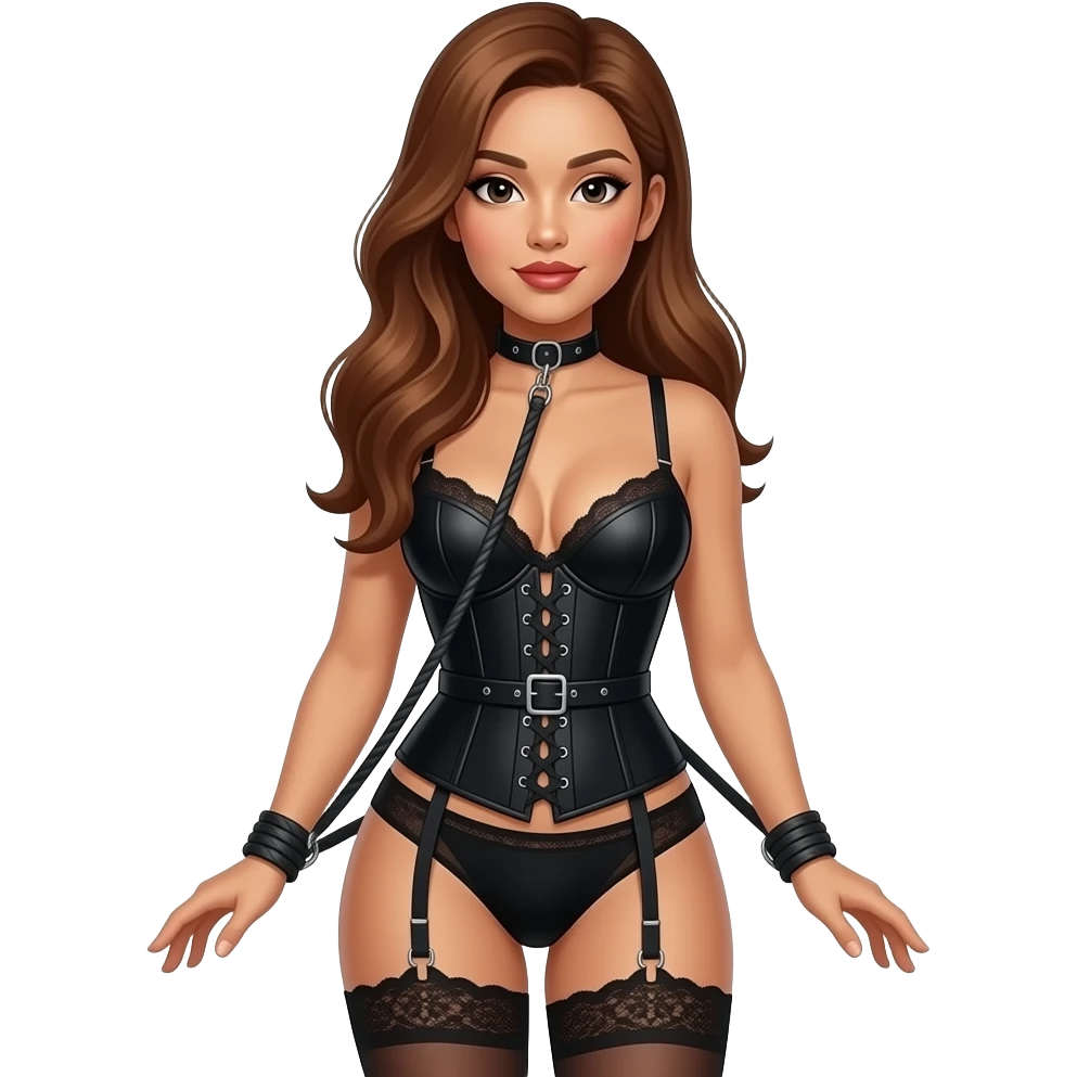 gorgeous woman, light tan skin, mole on left cheek, long auburn hair, side bangs, black eyes, lipstick, model, latina, asian, mixed, fullbody corselet lingerie, leashed on neck, harness, wrist tied emoji