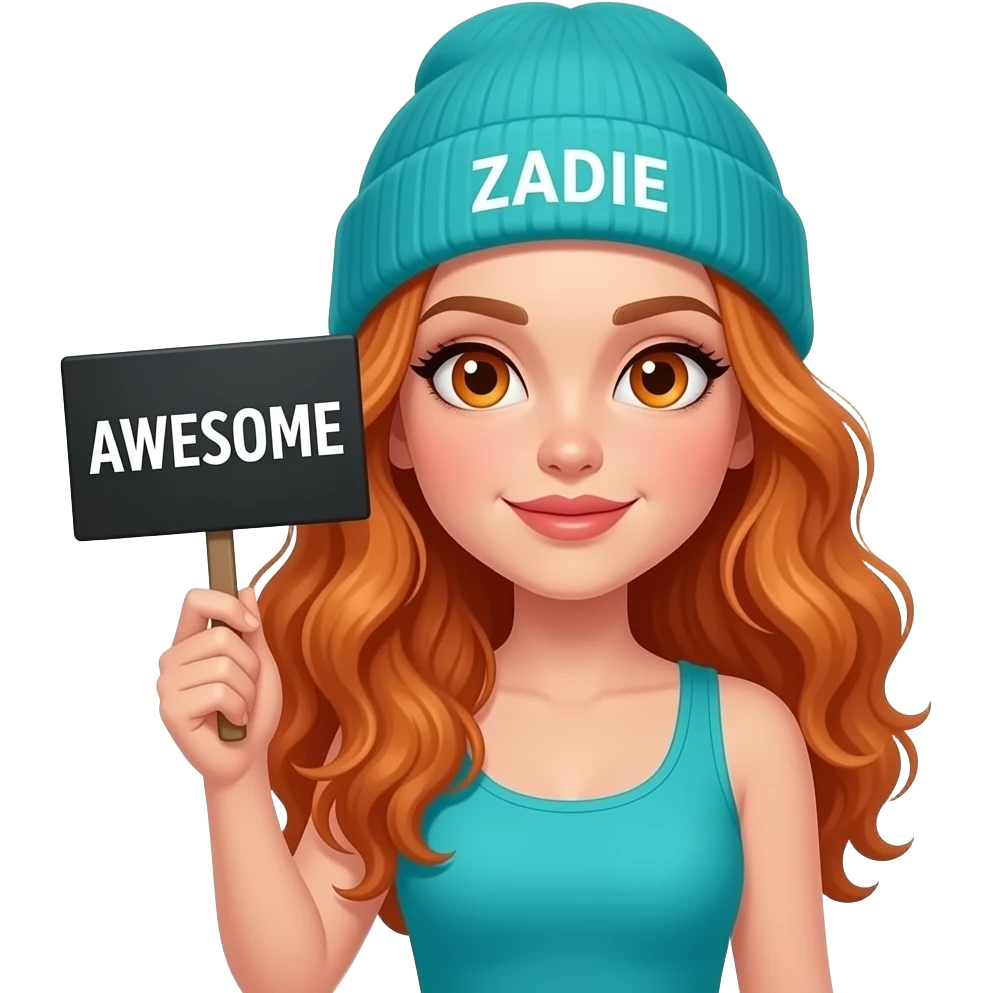 sexy girl with overlong wavy ginger hair and ginger eyes wearing a turquoise tanktop and a turquoise beanie with ZADIE written on it, is holding a black sign with AWESOME written on it emoji