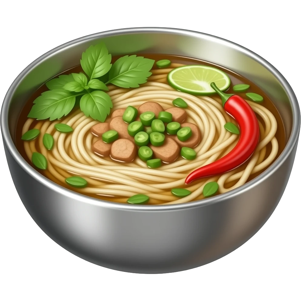 3D chrome, luxury vietnamese phobo soup in chrome bowl, noodles, herbs, pepper, emoji