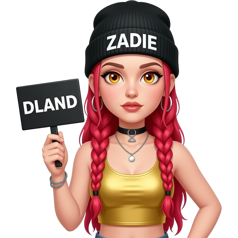 sexy girl with overlong neon red braids and ginger eyes wearing a gold tanktop and a black beanie with ZADIE written on it, is holding a black sign with DLAND written on it emoji