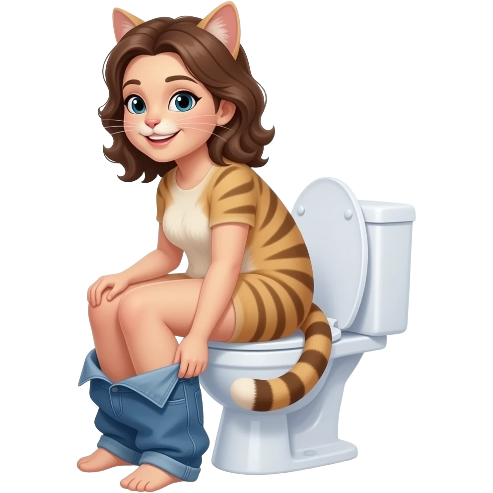 Female brown cat furry woman sit on toilet pants down,smile,side veiw emoji