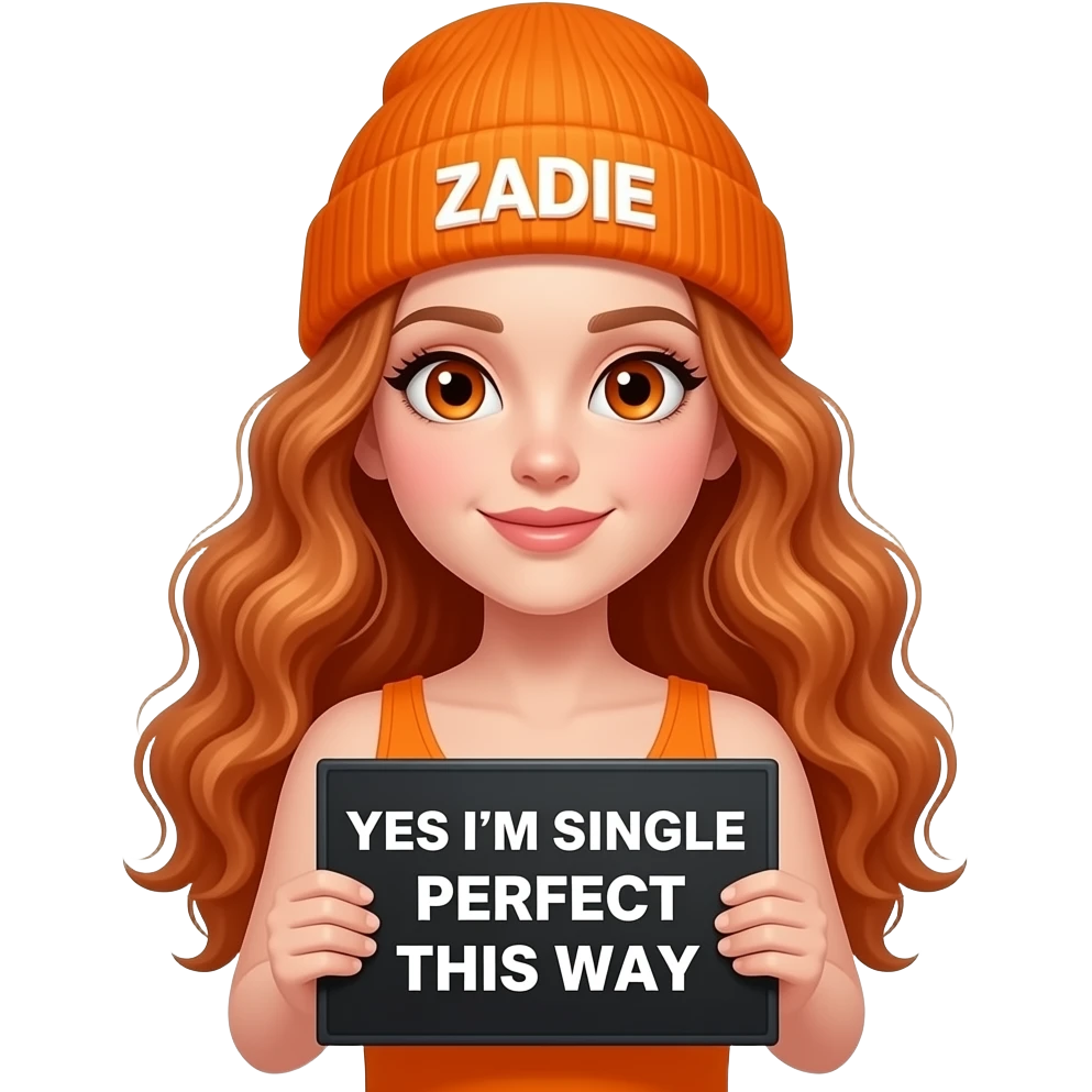 sexy girl with overlong wavy ginger hair and ginger eyes wearing a orange tanktop and a orange beanie with ZADIE written on it, is holding a black sign with YES I'M SINGLE and PERFECT this way written on it emoji