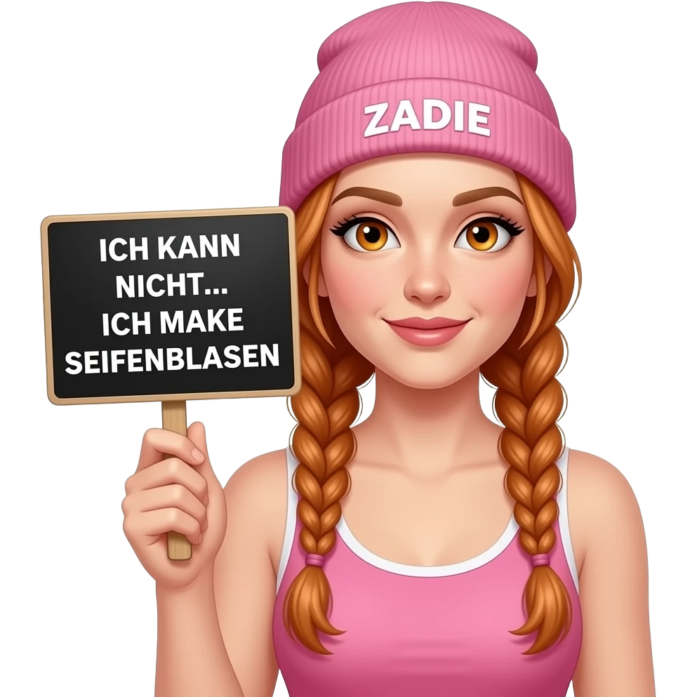 sexy girl with overlong ginger braids and ginger eyes wearing a pink tanktop and a pink beanie with ZADIE written on it, is holding a black sign with ICH KANN NICHT... ICH MACHE SEIFENBLASEN written on it emoji