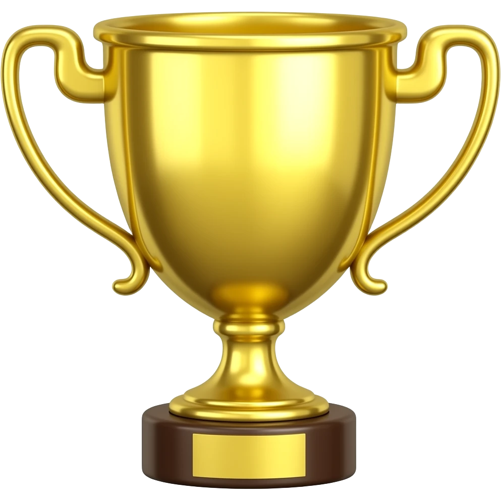 Single identical golden trophy emoji, shiny metallic gold, front-facing, clean cartoon emoji style, centered, transparent background. emoji