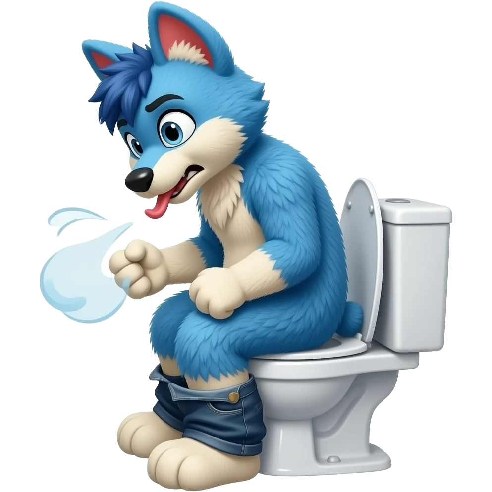 blue fursuit sitting on toilet, side view , pants down, pushing, straining face,  uncomfortable, farting , sweating, red face emoji