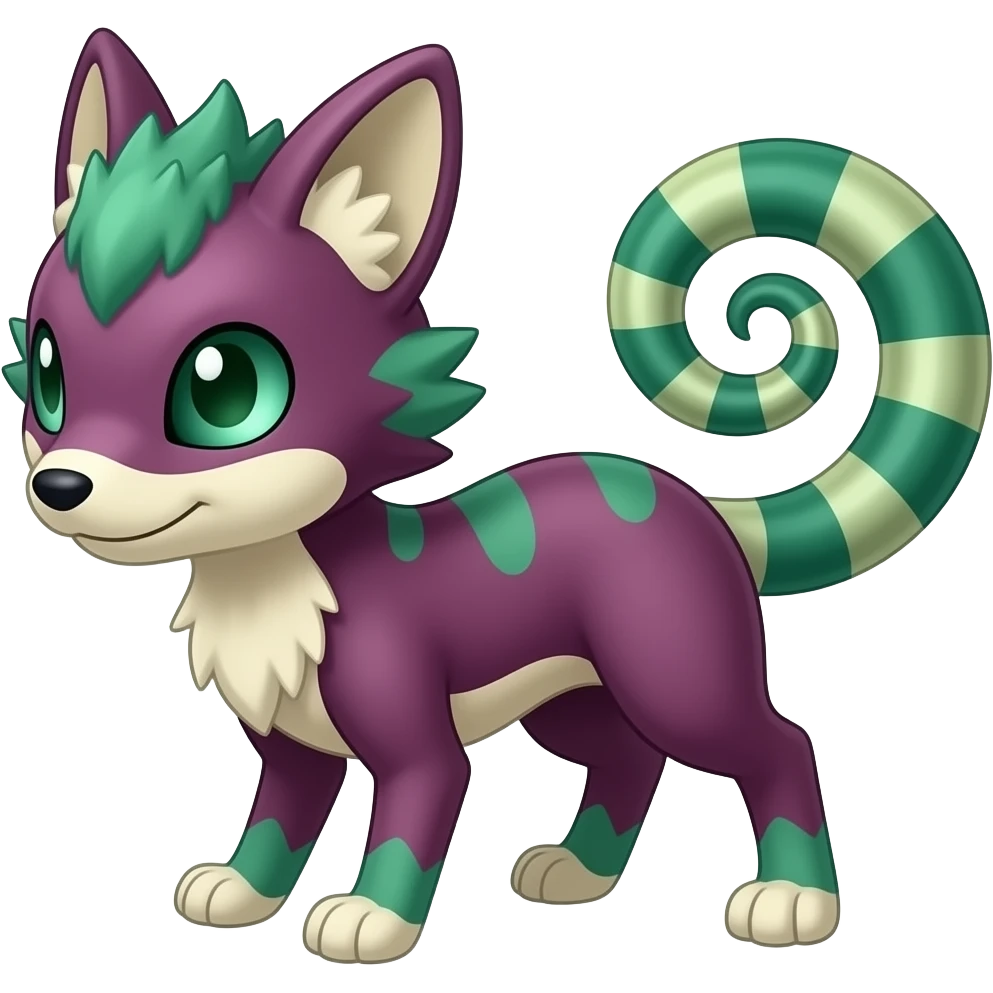 Purplish reddish greenish Vulpix-Rattata-Vaporeon-Litten-Fakémon-hybrid with a chameleon tail emoji