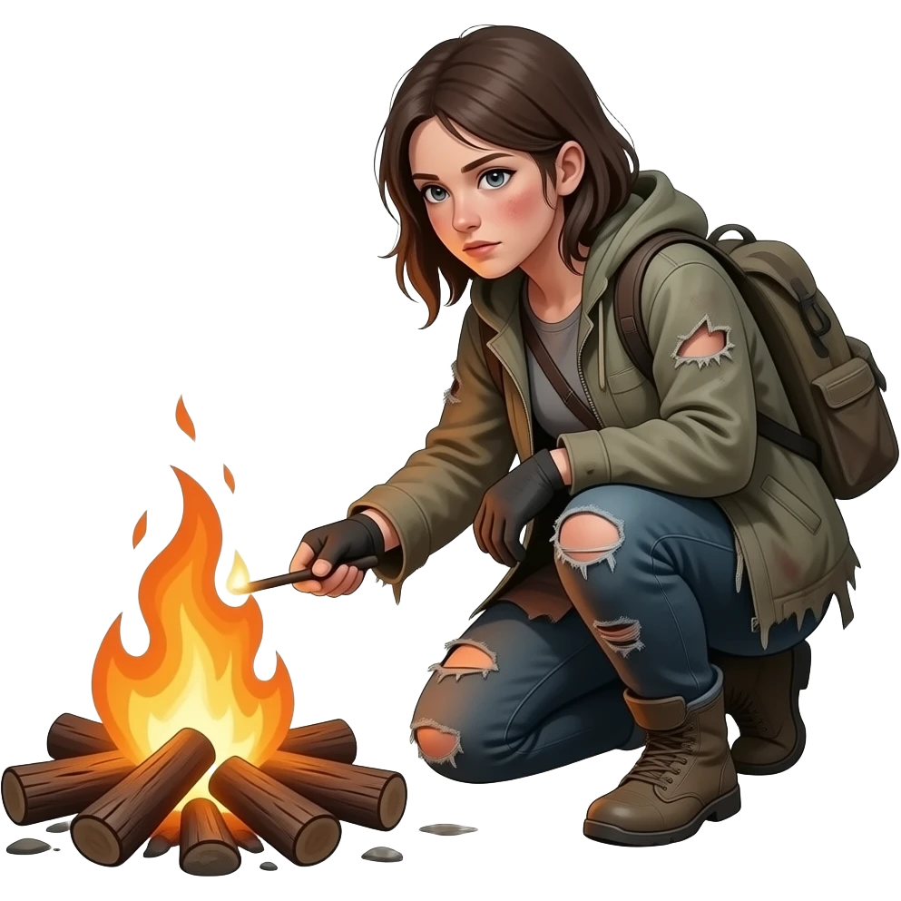 Девушка выживает в постапокалипсисе, разжигает костер emoji