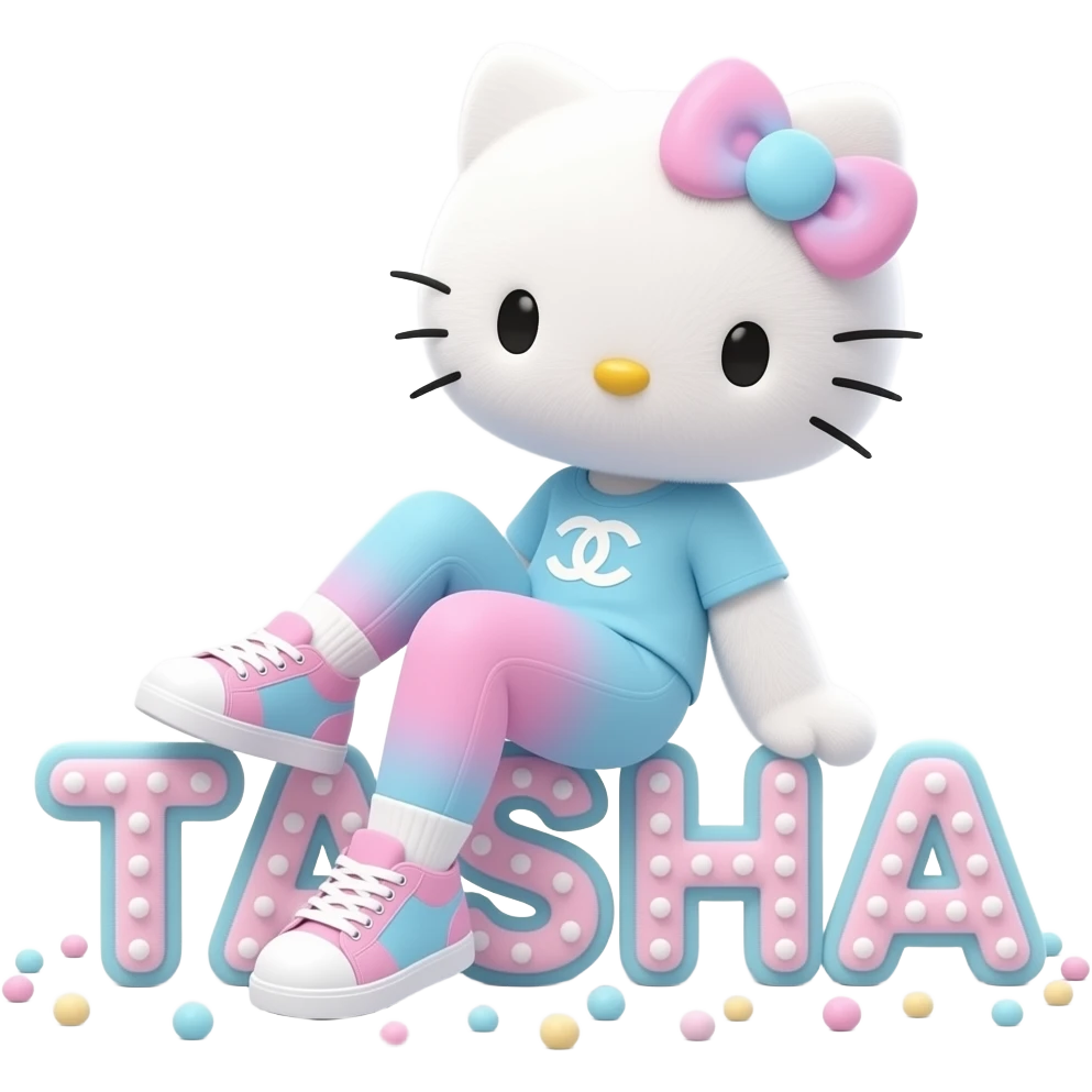 4D Velvety fur hello kitty wearing ombre white and blue and pink ombre pastel colored leggings and sneakers, and with the Chanel symbol on her ombre pastel bow sitting sideways leaning back on top of the velvety 3D outlined letters TASHA surrounded with tiny ombre pastel dots made of candy emoji