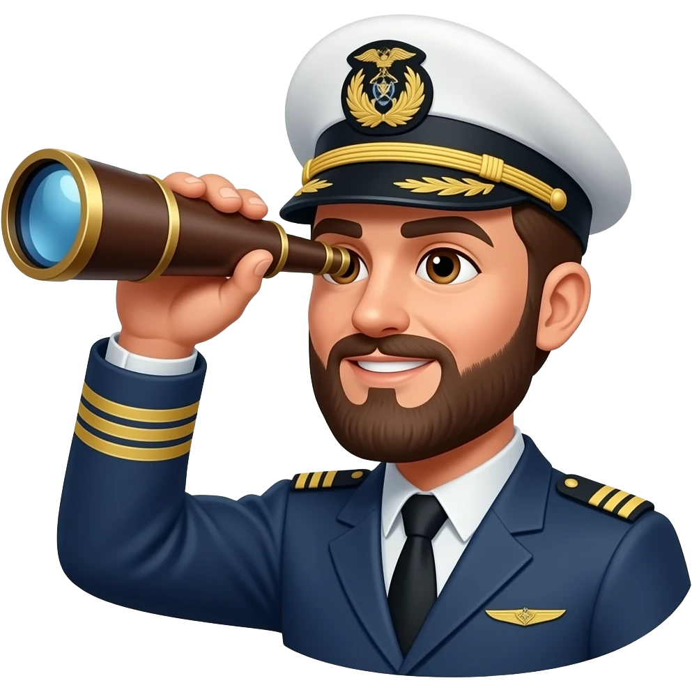 fleet captain with beard, looking through telescope, white cap emoji