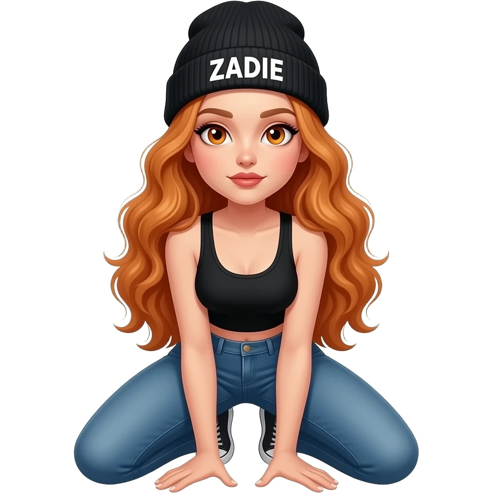 sexy girl with overlong wavy ginger hair and ginger eyes wearing a black tanktop and a black beanie with ZADIE written on it,  is on her knees from the front emoji