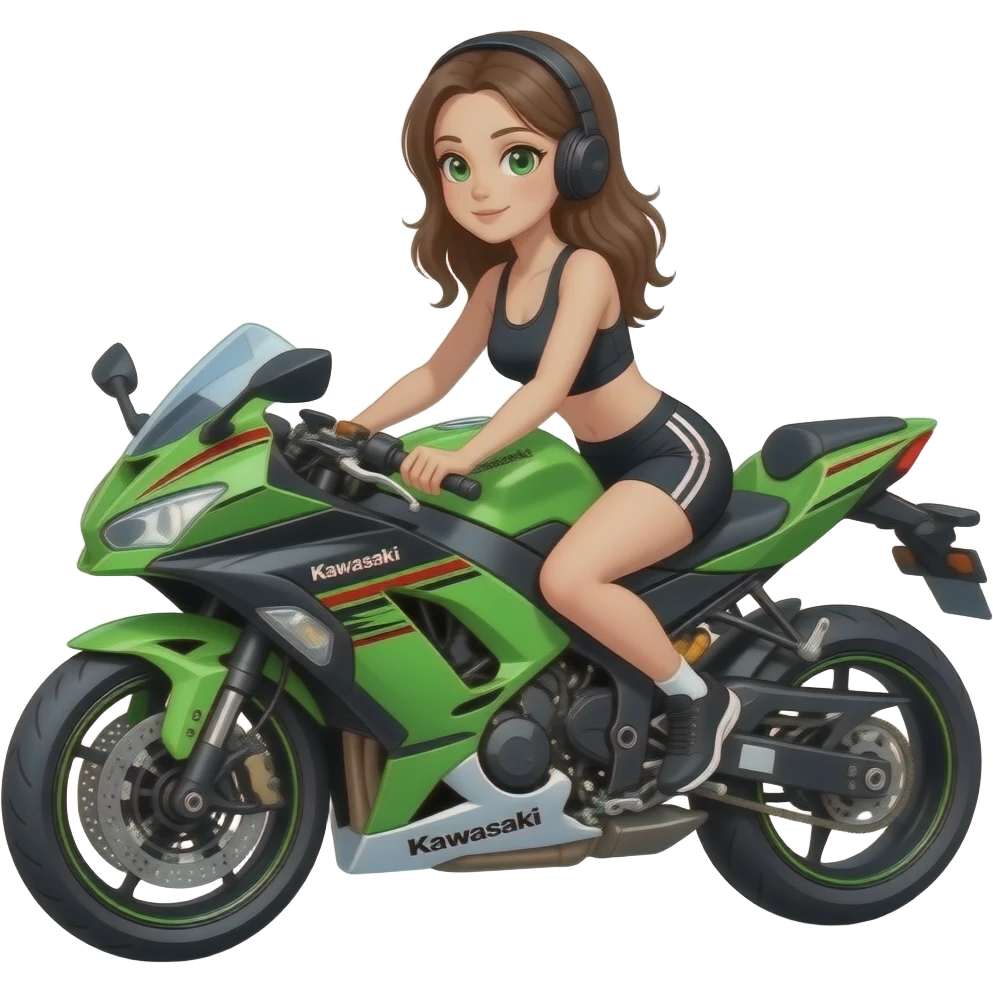 A girl that she's on the a kawasaki motorcycle in a dark style with green eyes and sport clothes emoji
