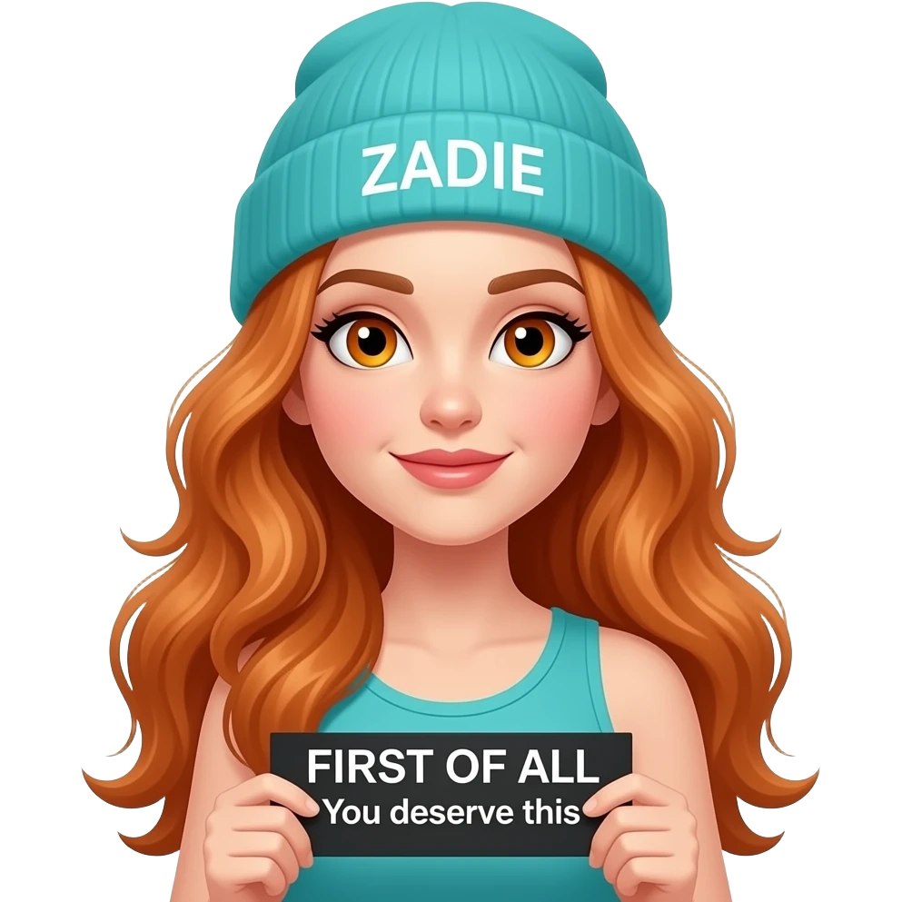sexy girl with overlong wavy ginger hair and ginger eyes wearing a turquoise tanktop and a turquoise beanie with ZADIE written on it, is holding a black sign with FIRST OF ALL You deserve this written on it emoji