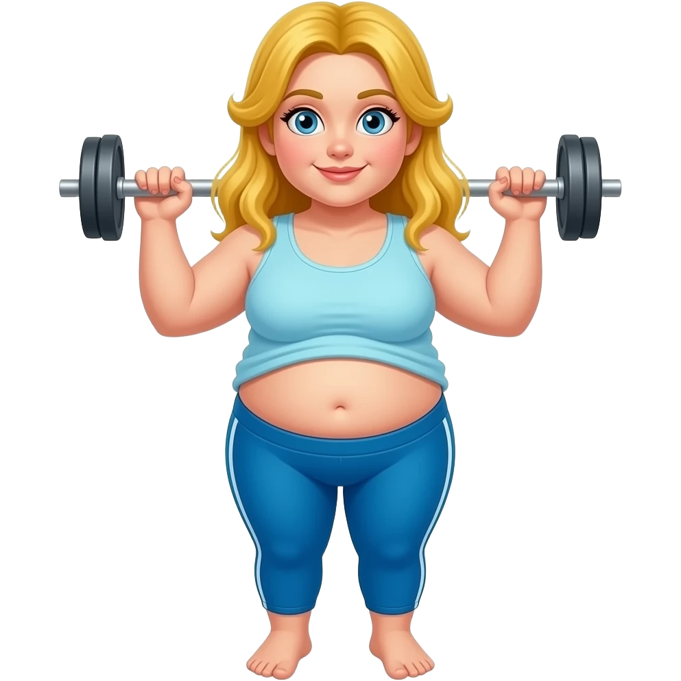 Chubby white girl blue eyes yellow long hair light blue tank top blue gym pants showing her feet lifting her shirt emoji