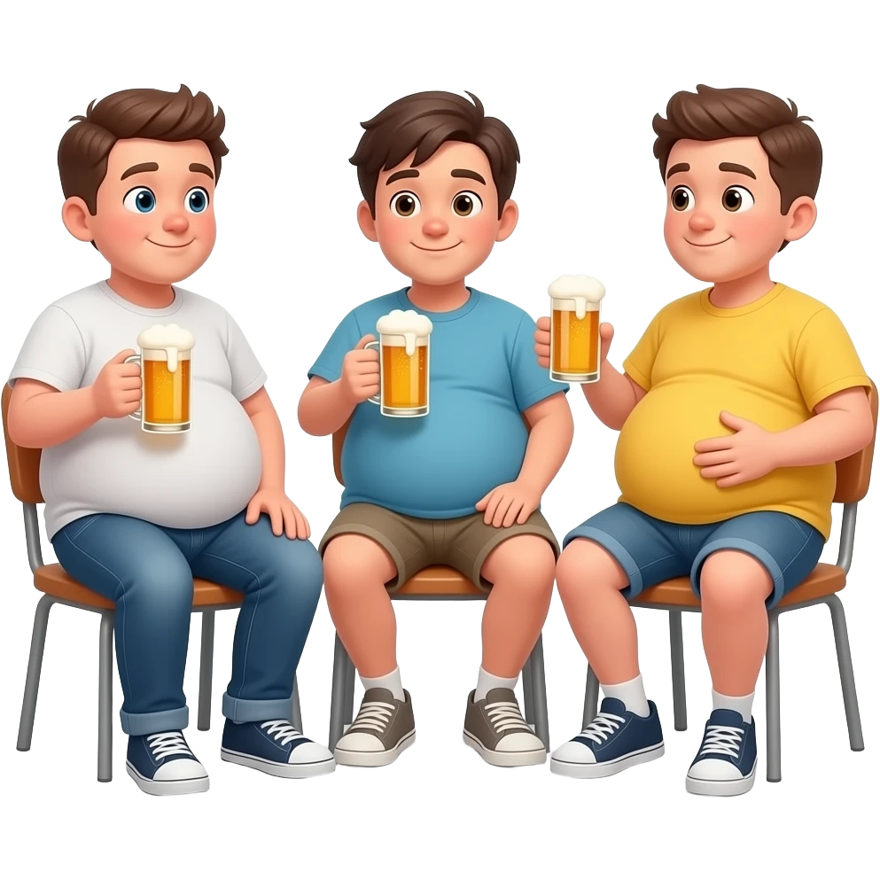 Trzy chłopaki ogromnymi brzuchami 1 krześla ma 16 lat 2 krześle ma 15 lat 3 krześle ma 14 lat ich brzuchy mają kształt jak ogromne kula 1 prześlę ma jeansy 2 krześle ma spodenki i żółtą koszulkę siedzą na krześle i rozmawiają i głaszczą swoje brzuchy i piją 🍻 emoji