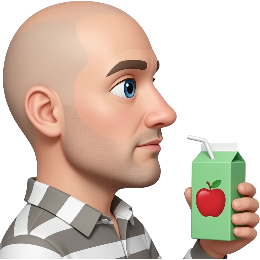 um homem calvo, narigudo, de lado, com uma caixa de suco verde com um símbolo de uma maçã vermelha emoji