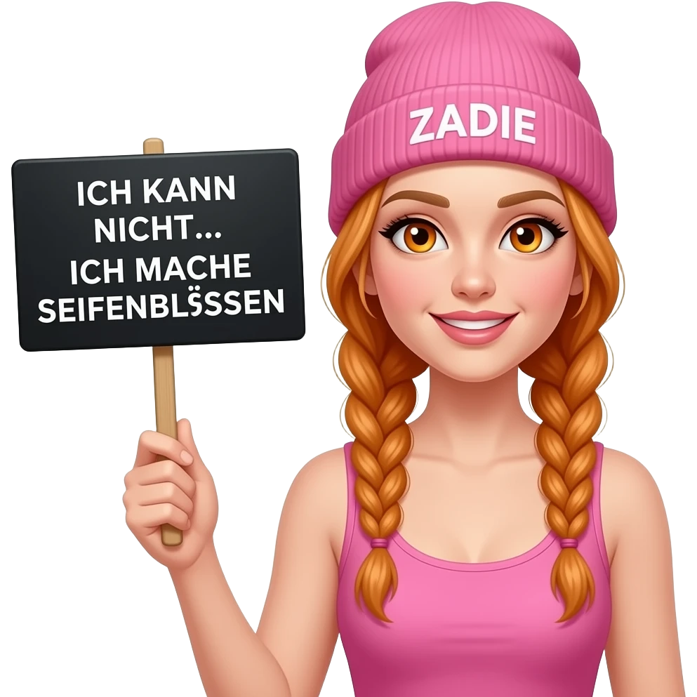 sexy girl with overlong ginger braids and ginger eyes wearing a pink tanktop and a pink beanie with ZADIE written on it, is holding a black sign with ICH KANN NICHT... ICH MACHE SEIFENBLASEN written on it emoji