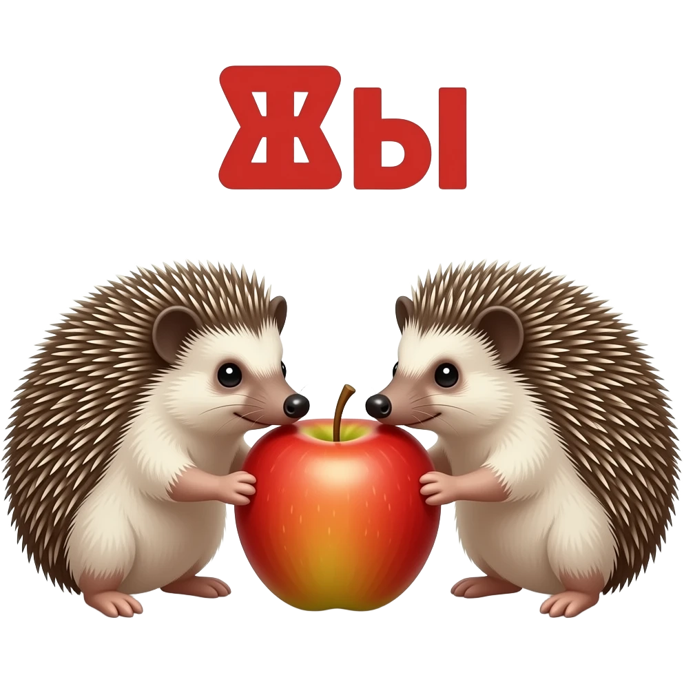 Text above the hedgehogs russian text: "еЖы". Two hedgehogs sniff an apple. Emoji. emoji