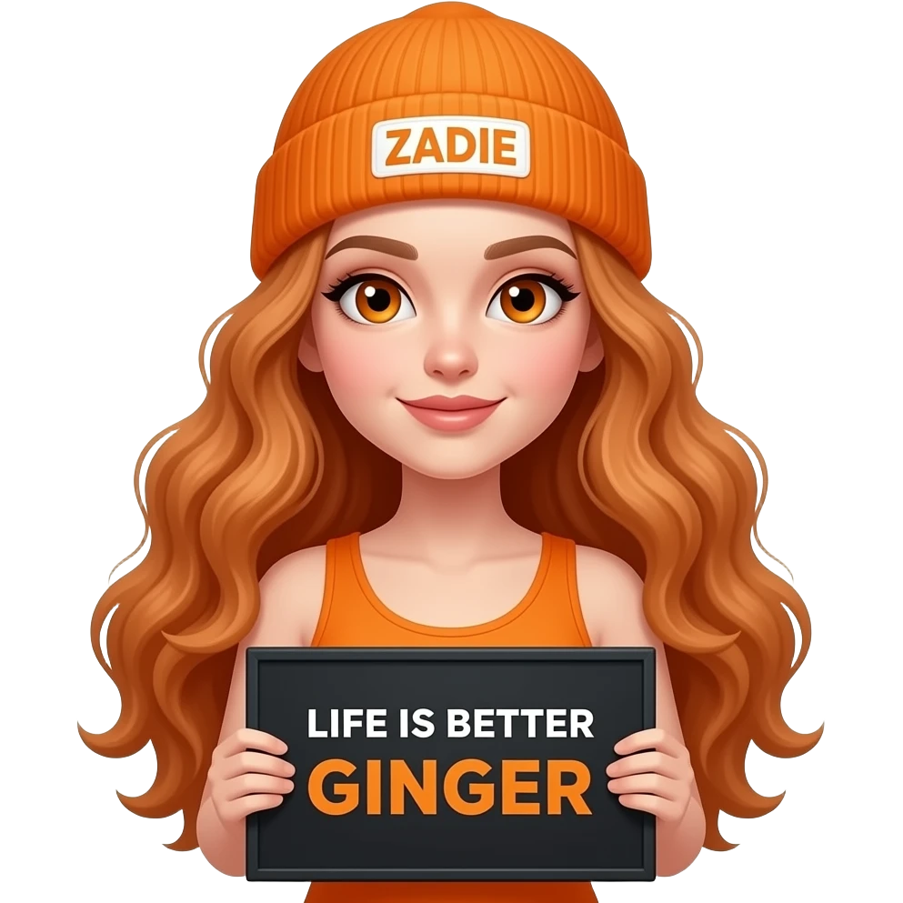 sexy girl with overlong wavy ginger hair and ginger eyes wearing a orange tanktop and a orange beanie with ZADIE written on it, is holding a black sign with LIFE IS BETTER with a GINGER written on it emoji