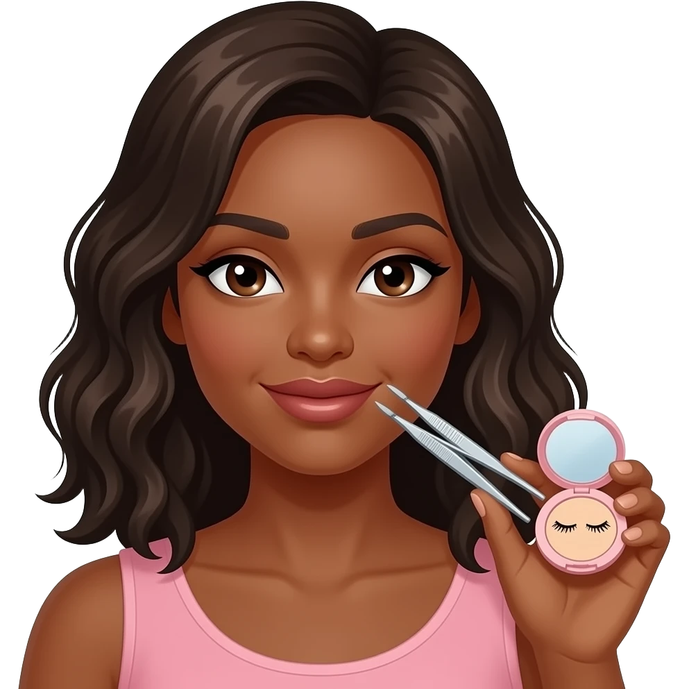 Mujer morena con pinzas y una caja de pestañas emoji