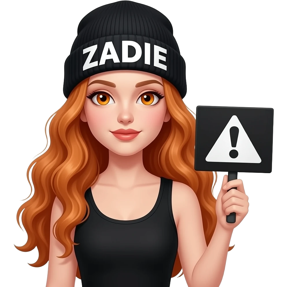 sexy girl with overlong wavy ginger hair and ginger eyes wearing a black tanktop and a black beanie with ZADIE written on it, is holding a black sign with 💥 on it emoji