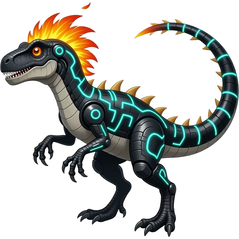 Cool edgy fiery cybernetic technological Circuitry-patterned black-scaled with neon-cyan stripe markings digitigrade futuristic raptorik fantasy-Cyberpunk-Steampunk-Solarpunk-Genesect-Salamence-Cyclizar-Salazzle-Feraligatr-Fakémon-animal-hybrid, with neon feather-mane, and a tail blade, back spikes emoji