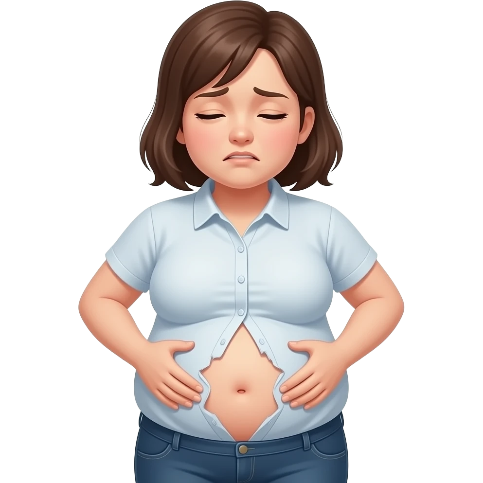 a girl with a huge stomach that is full to bursting,so bloated that she gets a tummyache,her bellybutton is poking out and her shrunk tight shirt buttonholes are at breaking point. emoji