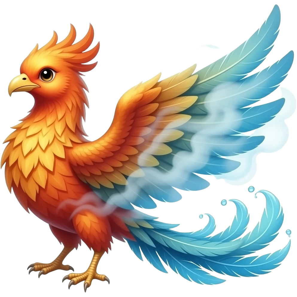 A realistic phoenix with long tail feathers made of "SMOKE" on one side and Water on the other side facing the viewer. emoji