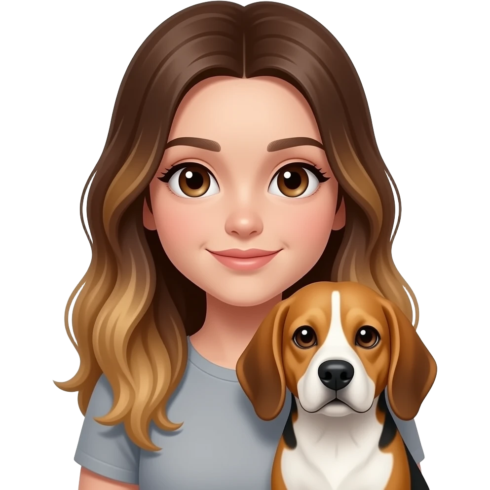 Girl with long brown balayage hair with dark brown eyes and pale skin holding an older beagle emoji