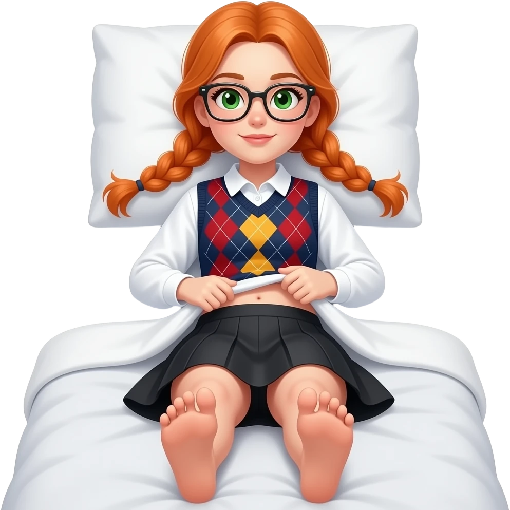 17 year old white woman green eyes orange braided pigtails rectangle glasses white long sleeved polo argyle dark blue red and yellow vest black skirt laying down on her pillow in bed showing her feet lift her shirt up to show belly emoji