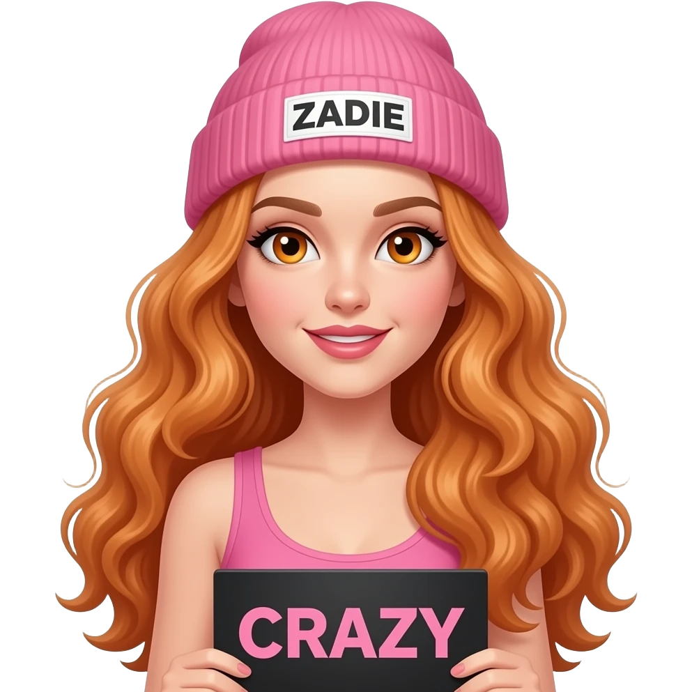 sexy girl with overlong wavy ginger hair and ginger eyes wearing a pink tanktop and a pink beanie with ZADIE written on it, is holding a black sign with CRAZY written on it emoji