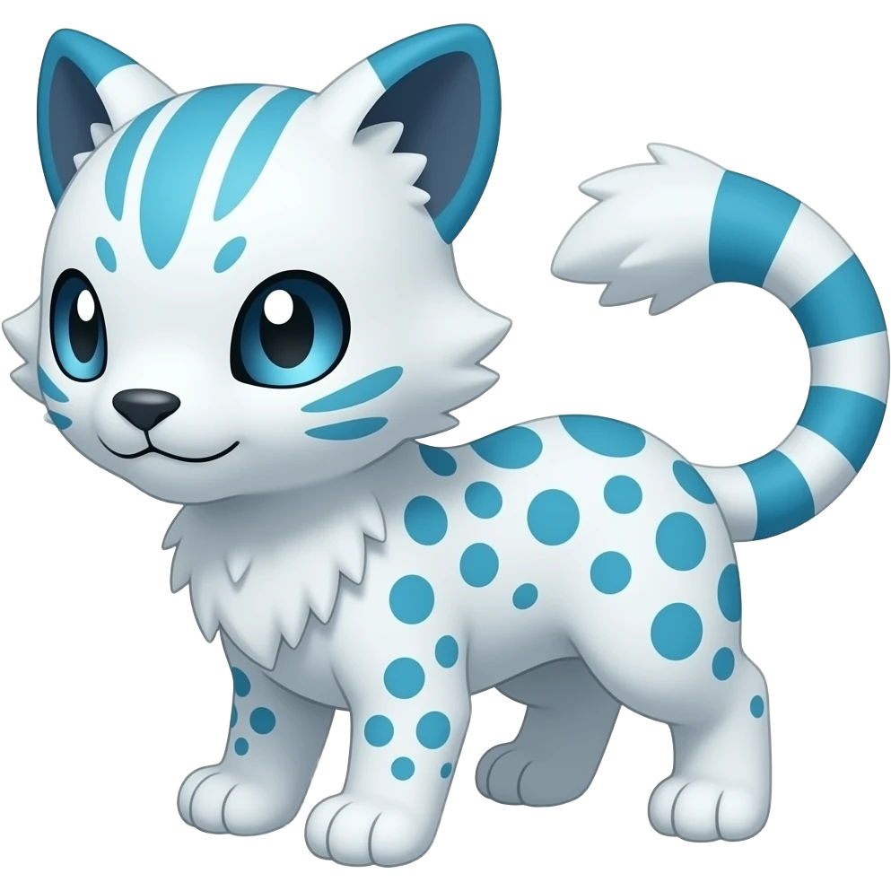 Colorful Meloetta-Sergal-Snow-Leopard-Civet-Genet-Pokémon-Digimon-Fakémon-fusion-hybrid-creature with Cyan stripes and blue leopard-spot-markings emoji