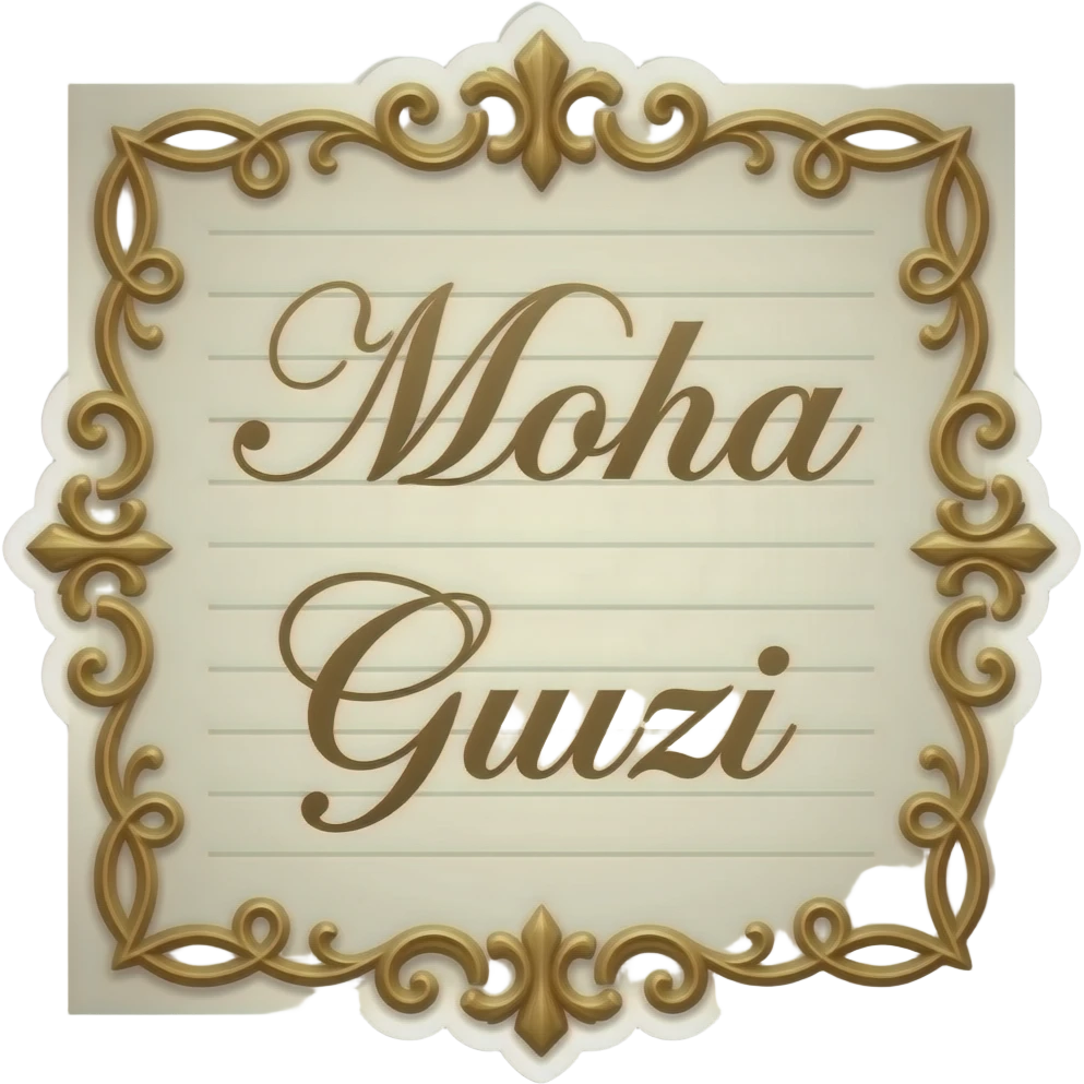iOS-style emoji sticker of an elegant marriage contract, minimal glossy 3D emoji style, decorative paper clearly showing “Moha” and “Guizi” in separate places, centered, white/transparent background, clean design. emoji