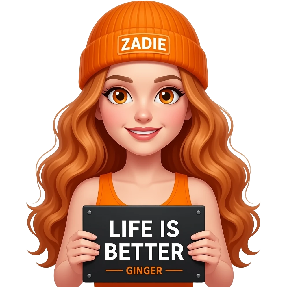 sexy girl with overlong wavy ginger hair and ginger eyes wearing a orange tanktop and a orange beanie with ZADIE written on it, is holding a black sign with LIFE IS BETTER with a GINGER written on it emoji