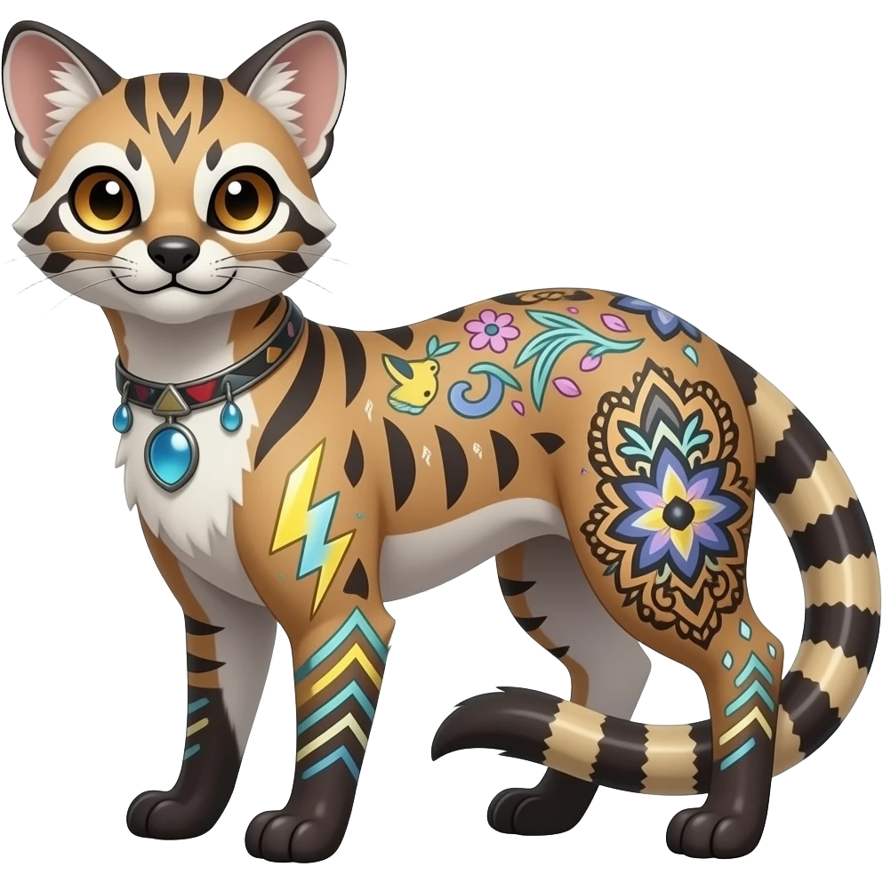 scaly spunky gothic Realistic tall slim unique original shiny edgy cool steampunk-cyberpunk-fantasy-Civet-Absol-Sprigatito-Vaporeon-Fakémon-hybrid with tribal chevron heart floral lightning bolt strikes damask paisley markings emoji