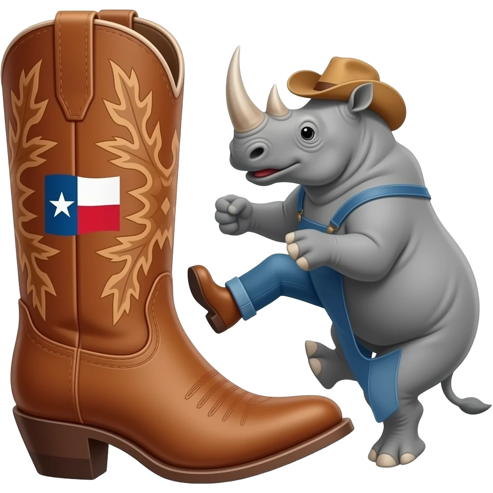 Big texas cowboy boot kicking out a rhino emoji