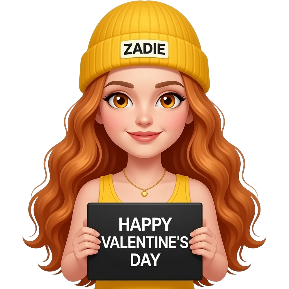 sexy girl with overlong wavy ginger hair and ginger eyes wearing a yellow tanktop and a yellow beanie with ZADIE written on it, is holding a black sign with just HAPPY VALENTINE'S DAY on it emoji