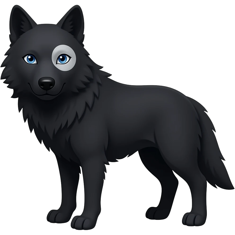 black wolf with blue eyes and a greyish white patch around the eye, underbelly and tail emoji