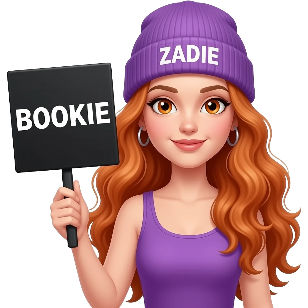 sexy girl with overlong wavy ginger hair and ginger eyes wearing a purple tanktop and a purple beanie with ZADIE written on it, is holding a black sign with BOOKIE written on it emoji