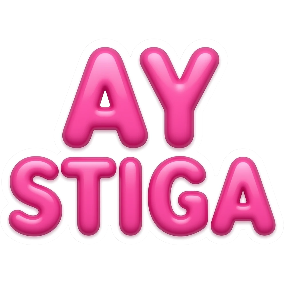 Cute pink sticker text saying “АЙ СТИГА”, bold rounded letters, glossy effect, transparent background emoji