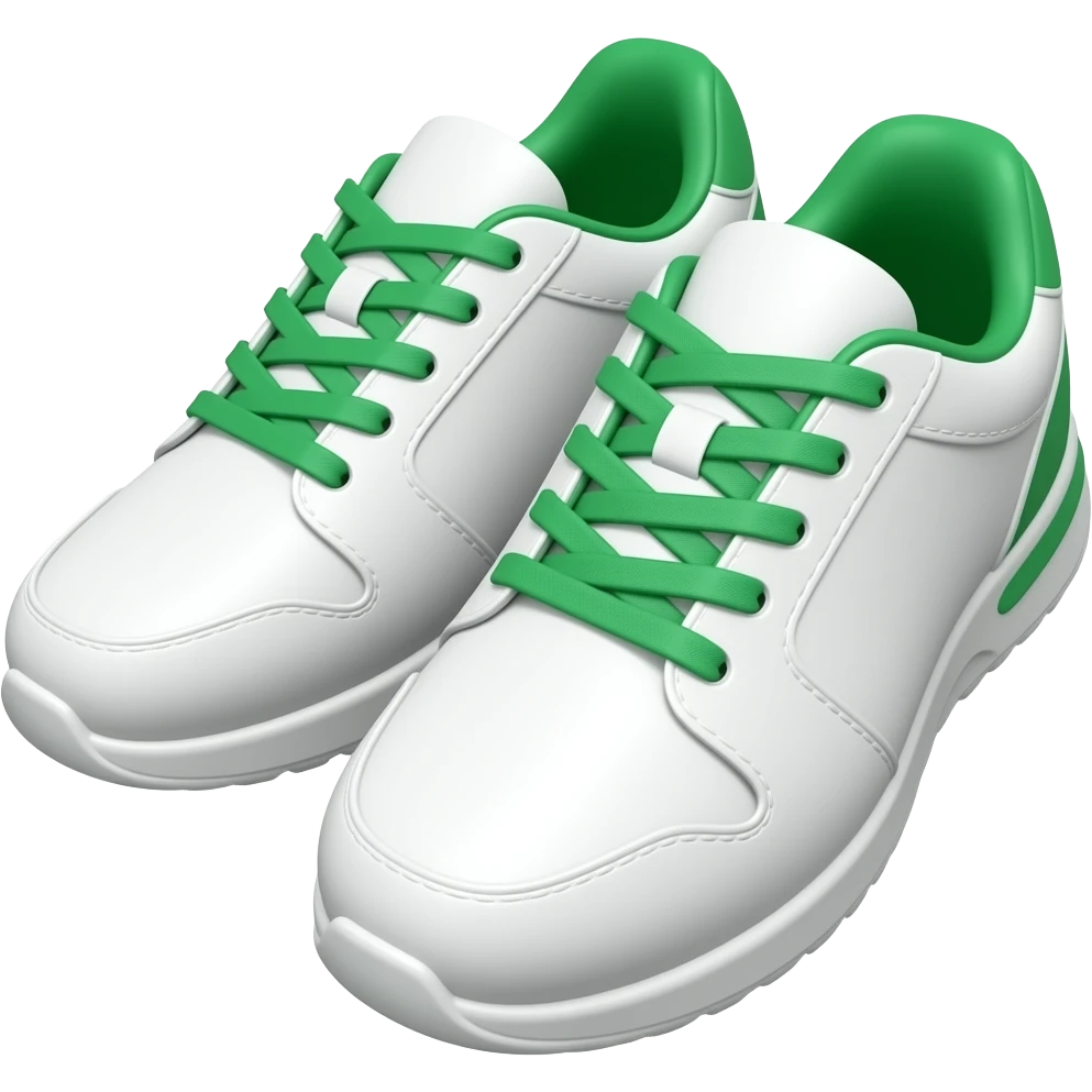 Apple iOS style pair of white pickleball sneakers emoji, glossy 3D sports shoes, white body with green shoelaces and green accents, minimal sporty design, smooth shading, ultra detailed, clean background, premium iOS emoji aesthetic emoji