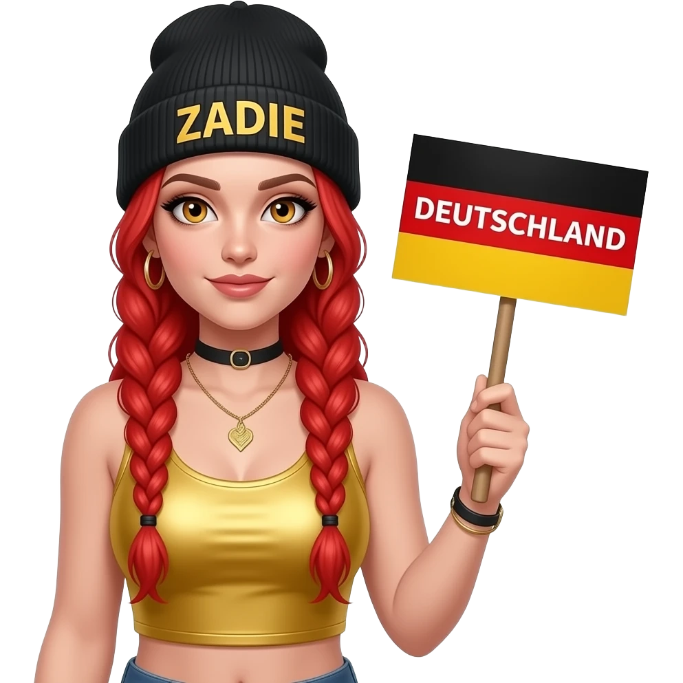 sexy girl with overlong neon red braids and ginger eyes wearing a gold tanktop and a black beanie with ZADIE written on it, is holding a sign with DEUTSCHLAND written on it emoji