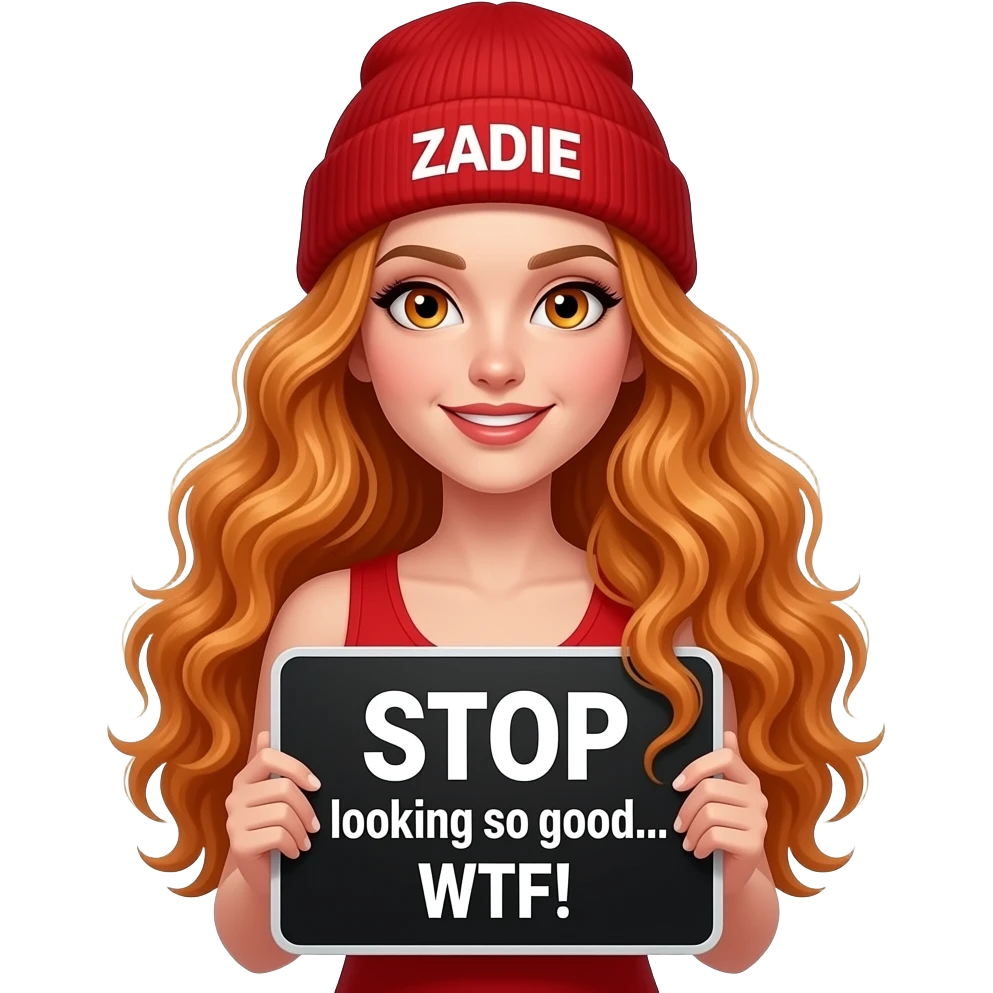 sexy girl with overlong wavy ginger hair and ginger eyes wearing a red tanktop and a red beanie with ZADIE written on it, is holding a black sign with STOP looking so good... WTF! written on it emoji