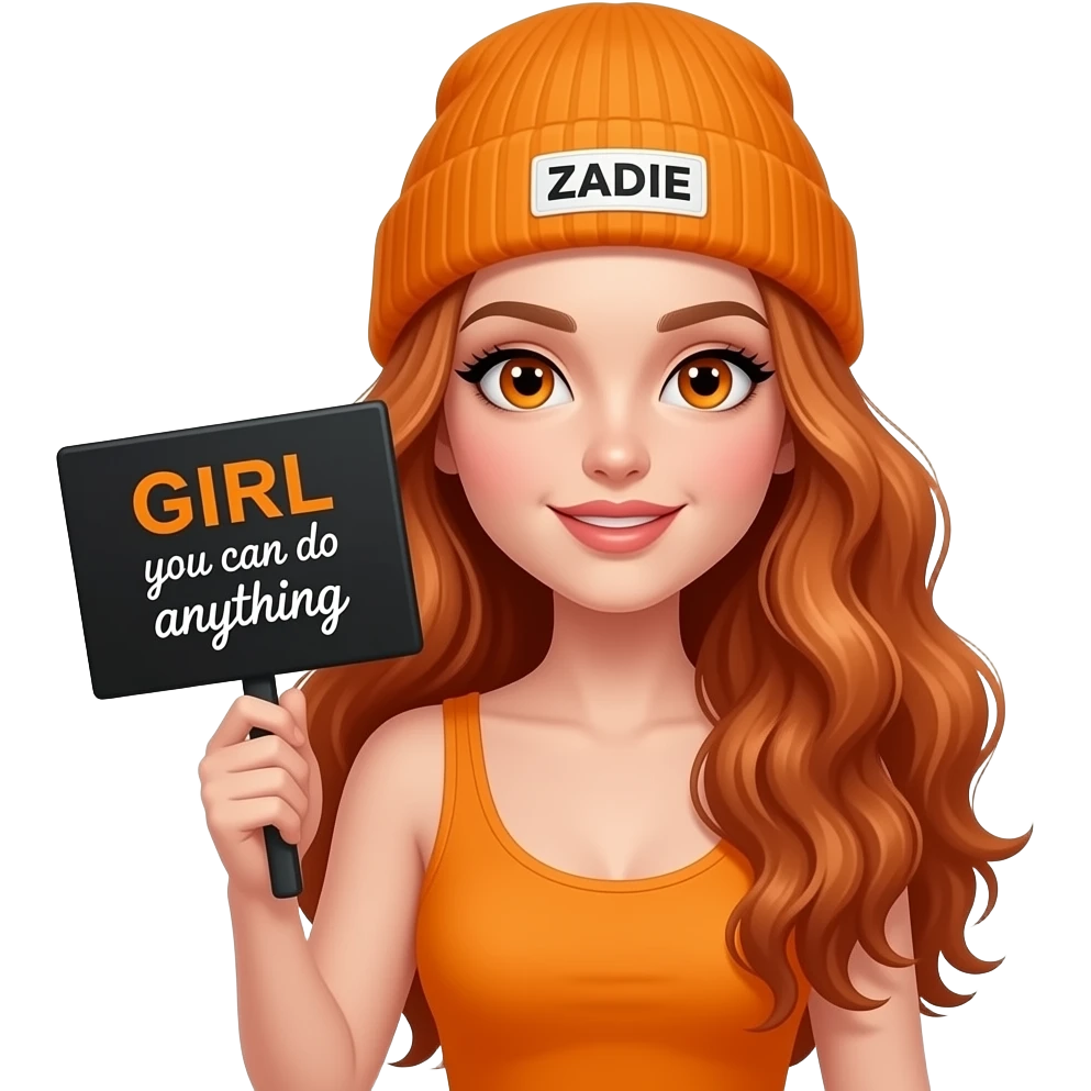 sexy girl with overlong wavy ginger hair and ginger eyes wearing a orange tanktop and a orange beanie with ZADIE written on it, is holding a black sign with GIRL you can do anything written on it emoji