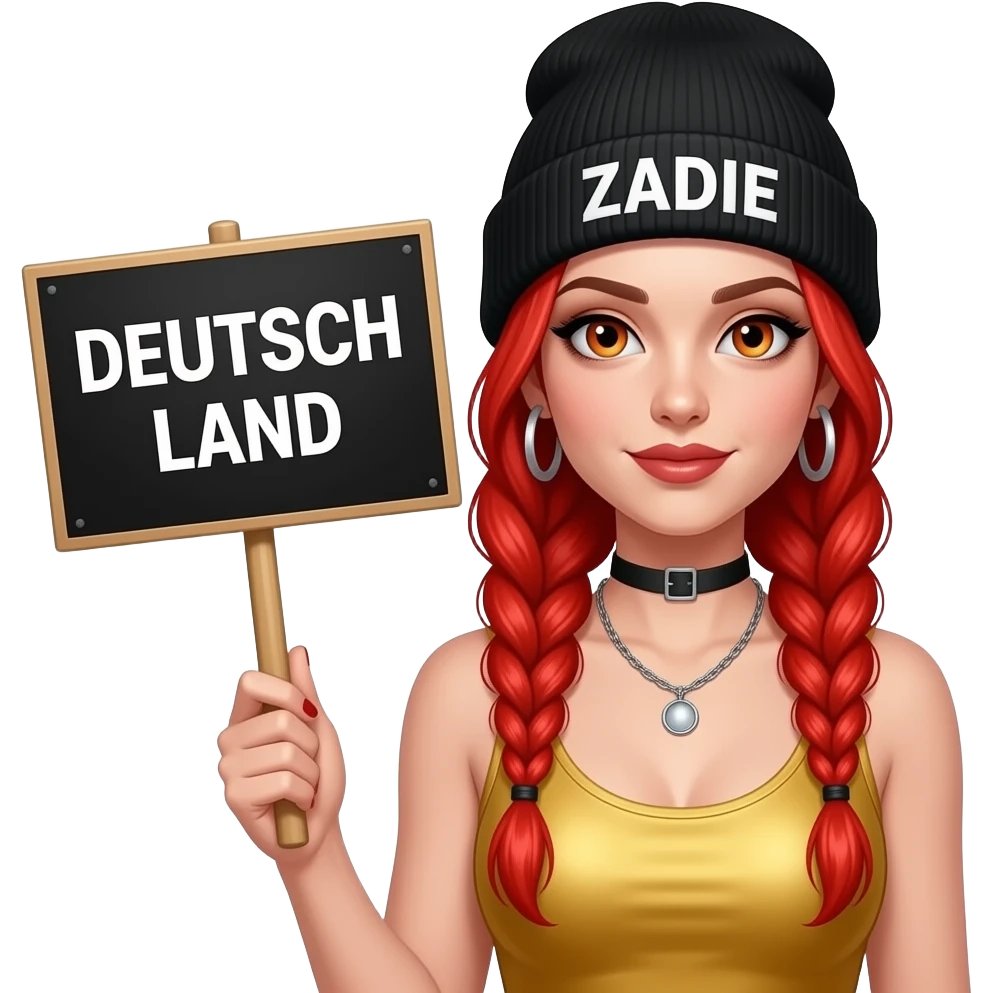 sexy girl with overlong neon red braids and ginger eyes wearing a gold tanktop and a black beanie with ZADIE written on it, is holding a black sign with DEUTSCH LAND written on it emoji
