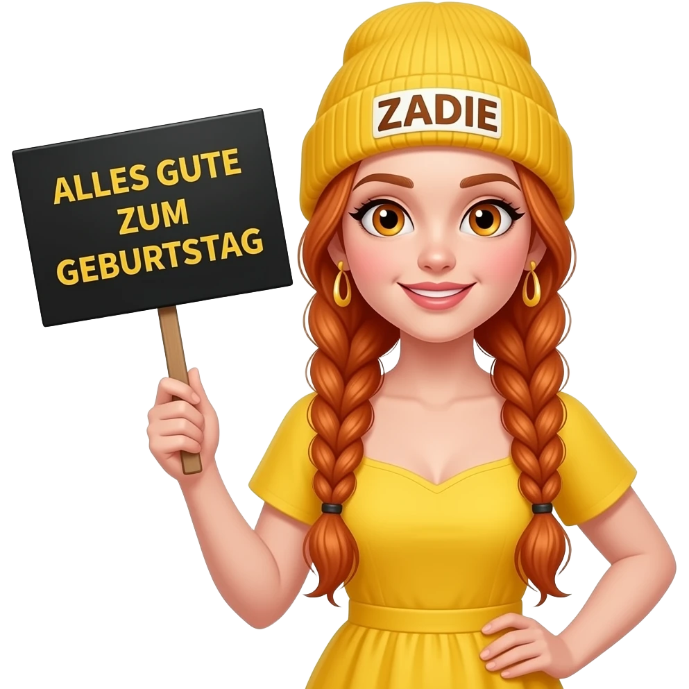 sexy girl with overlong ginger braids and ginger eyes wearing a yellow birthday dress and a yellow beanie with ZADIE written on it, is holding a black sign with ALLES GUTE ZUM GEBURTSTAG written on it emoji
