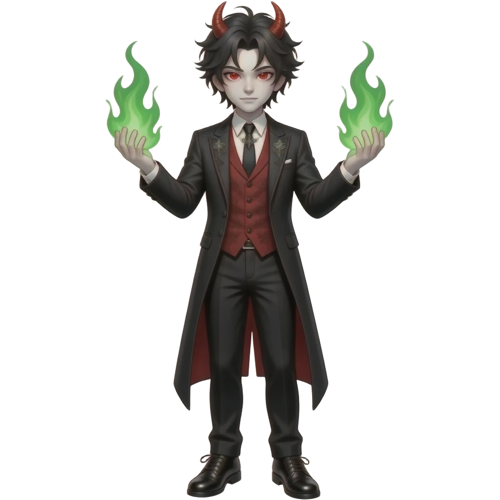 young demonic man with messy black hair, white skin, red eyes, in a gothic style suit with black pants and black, gothic-style shoes, and green fire in his hands emoji