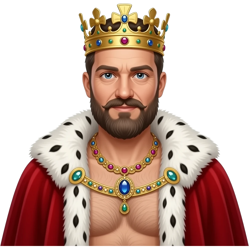 Erstelle ein Portrait von einem König und die 40 mit Bart und Krone, er trägt eine prunkvolle Goldkette mit Edelsteinen um den Hals. Er hat kein Hemd an aber ein weit offenen roten samt Umhang mit weißen Pelz um seine Schulter. Unter dem Umhang sieht man seine behaarte männliche Brust und Körper emoji
