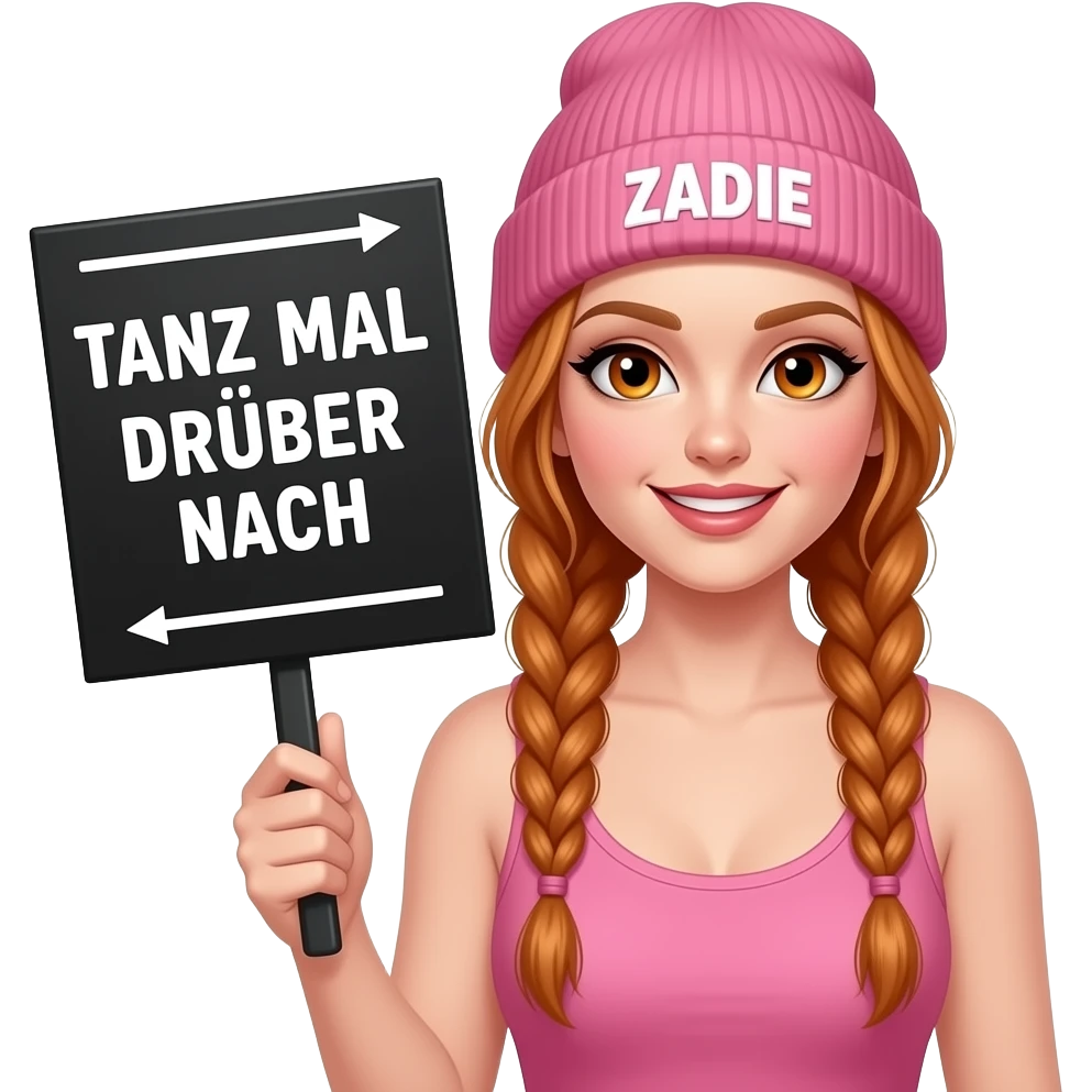 sexy girl with overlong ginger braids and ginger eyes wearing a pink tanktop and a pink beanie with ZADIE written on it, is holding a black sign with TANZ MAL DRÜBER NACH written on it emoji